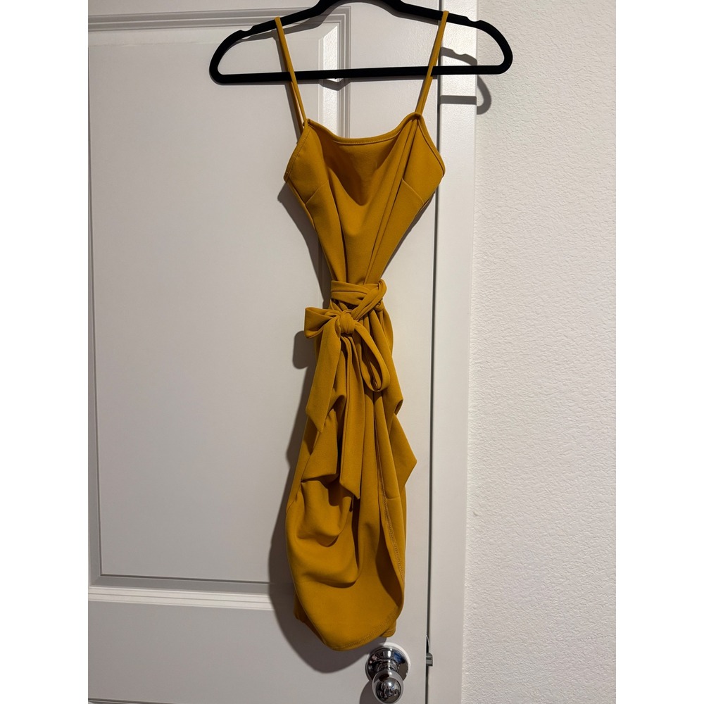 Windsor Mustard Yellow Wrap Front Tie Waist Mini Dress Spaghetti Strap Bodycon